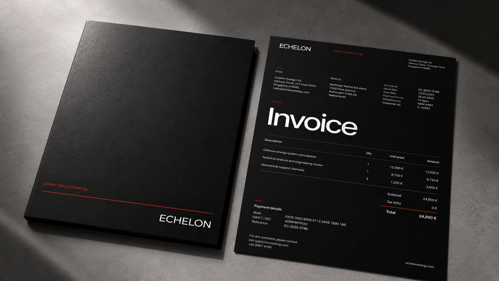Концептуальная папка и invoice ECHELON: фактурная чёрная бумага и красные акценты